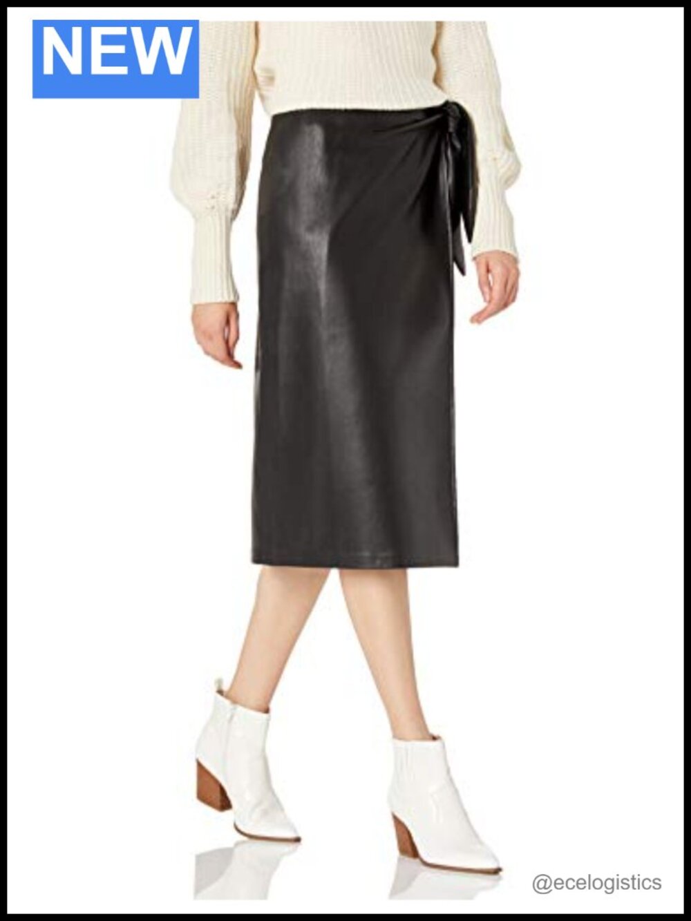 Vegan Leather Wrap-Front Midi Skirt Faux Leather High Rise